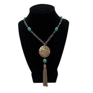 Blessed Cross Necklace Turquoise Beads Gold Tone Tassel Pendant Christian Faith